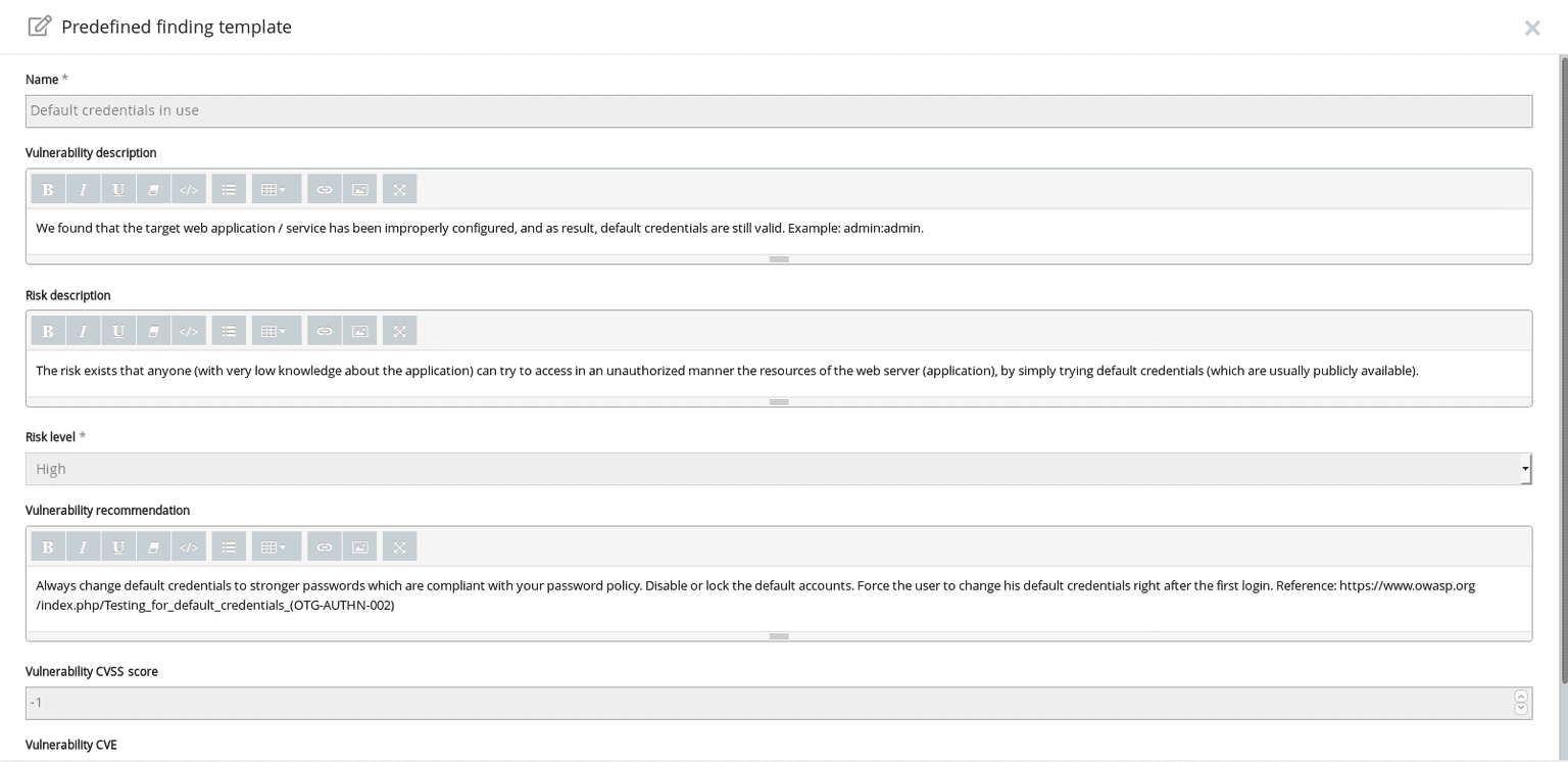default credentials reporting template