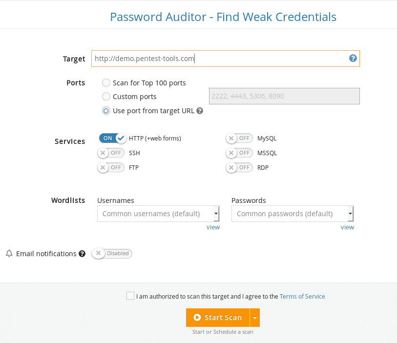 scan URL target with the Password Auditor tool