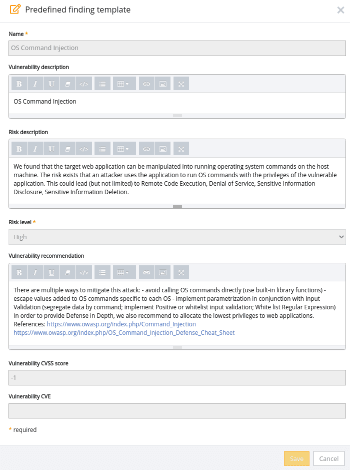 predefined finding template