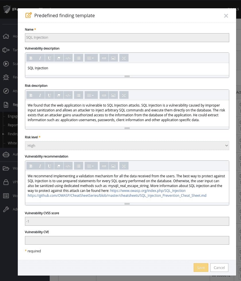 predefined reporting template